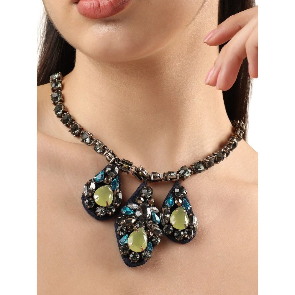 Vintage J. Crew Embroidered Crystal Jewel Statement Necklace in Blue / Gray